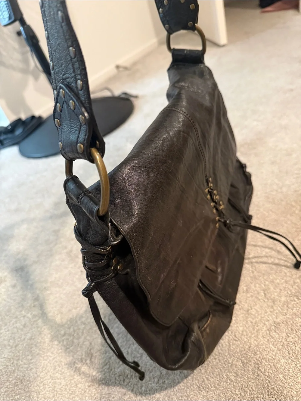 KOOBA ANNIEVintage Black LeatherCrossbody Bag with Studded Straps w/ Corsetting